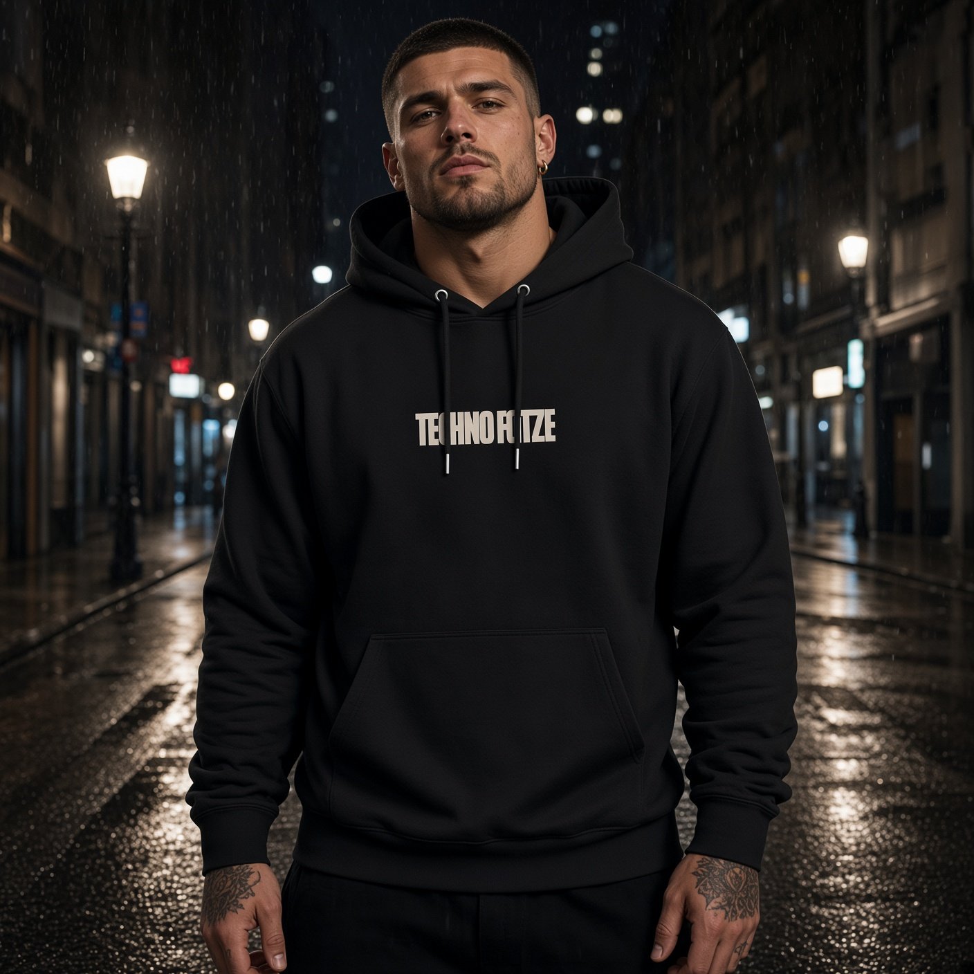 TECHNO FOTZE · Hoodie schwarz · vorne · am Model